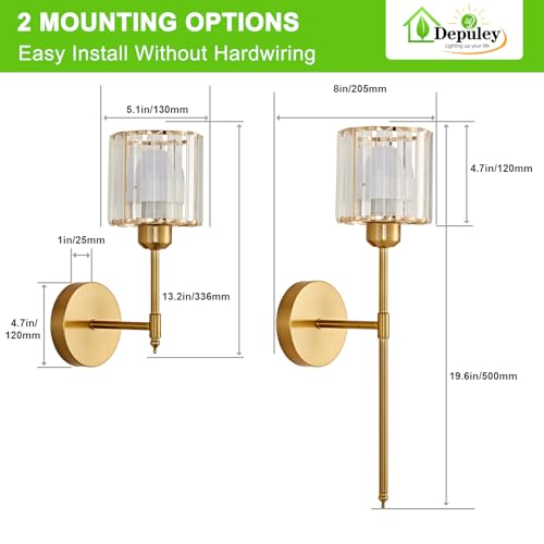 Image of Depuley Battery Operated Wall Sconce: Set of 2 Wireless Crystal Wall Lights with Remote for Bedroom - Rechargeable 15 Colors Gold Wall Lamp for Living Room Hallway Home Decor