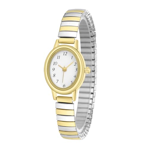Elegant Gold Women's Quartz Watch with Oval Case and Expansion Strap - Water Resistant Ladies Timepiece