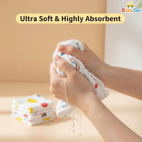 Image of BabyGo Muslin Baby Washcloths - 6 Layer Ultra Soft Cotton Baby Towels | Highly Absorbent Face Towels for Newborns, Kids & Toddlers | Quick Dry Burp Cloths & Bath Essentials (Large) - Pack of 4