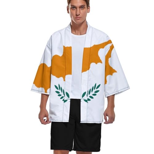 Cárdigan De Kimono Japonés para Hombre - Bandera Nacional De Chipre Túnicas De Estilo Chino Cárdigan Suelto Abrigo De Tejido De Plumas Estampado, Tops De Camisa De Túnica Harajuku De Verano, Co