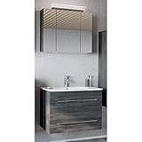 3D-Spiegelschrank mit LED-Aufbauleuchte, 3 Spiegeltüren, 3D-Rundumsicht, 4 Glasböden, Schalter, Steckdose, B/H/T ca. 80/62/17cm