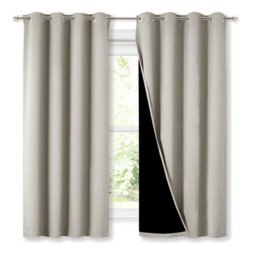 Image of NICETOWN Extra Long Truly Blackout Drapes for Hall and Villa, 46-inch Width Each Panel, 45-inch Length, Natural, 2 Pieces, 100% Blackout Window Curtain Panels with Black Lined for Night Shift Worker
