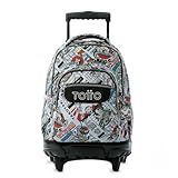 TOTTO - Mochila Escolar con Ruedas, Modelo Renglones, Capacidad 26,21 Litros, Bolsillo para PC 14', Bolsillo Botella, Correas en S para Mayor Comodidad, Resistente, Estampado Ramen Gris