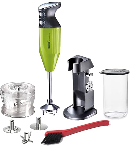 bamix Zestaw blendera ręcznego M200 Chef's Favorite ze stojakiem, 1 kubkiem, 3 końcówkami, hakerem, szczotką do czyszczenia, 200 W, wyprodukowano w Szwajcarii, limonkowy/chrom