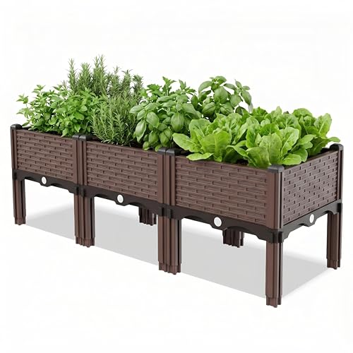 Growchum Modular Raised Garden Bed Kit – DIY Stackable Plant Stand with Self-Watering, 47.24"x15.75"x14.17" Brown Plastic Planter for Herbs, Veggies & Flowers, Includes Vertical Trellis System