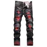 CIVYCEBY Men's Ripped Jeans Distressed Slim fit Jeans for Men Straight Leg Comfort Flex Black Jeans Designer Fashion Pants (32, Black Red-Slim)