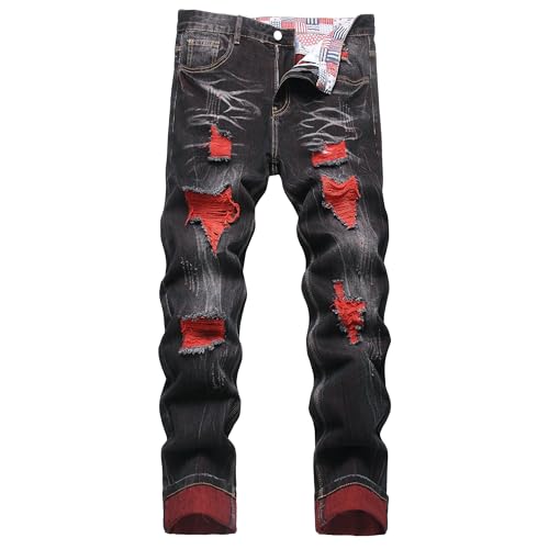 CIVYCEBY Men's Ripped Jeans Distressed Slim fit Jeans for Men Straight Leg Comfort Flex Black Jeans Designer Fashion Pants (32, Black Red-Slim)