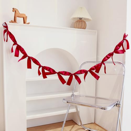 Image of Pre-Assembled Red Bow Garland | Double Side Satin Silk Bow Banner and Extend Ribbon for Coquette Birthday Bridal Shower & Bachelorette Party,Read to Hanging (Red, 6ft)