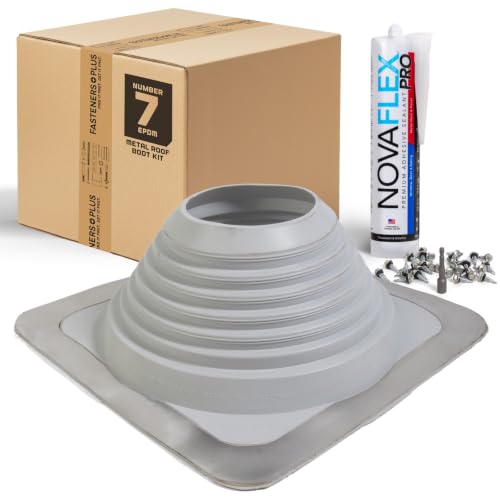 Image of Fasteners Plus #7 Square EPDM Metal Roof Pipe Flashing Boot | with Complete Install Kit (Fits 5-1 /2 inch - 11-1 /2 inch Pipe OD), Gray