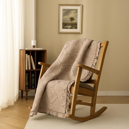 Image of BOV King Size Farmhouse Comforter Set Gray, Vintage Ruffle Quilt Bedding with Pillow Shams, French Country Bedding Set for Cottage Style & Farmhouse Bedrooms, 106x96 Inches