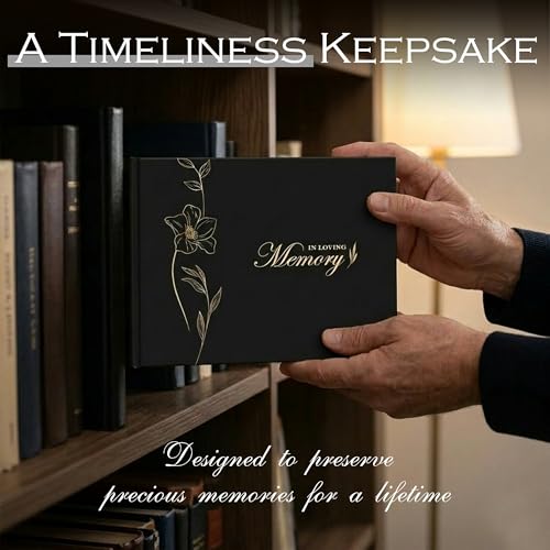 Image of In Loving Memory Funeral Guest Book with Table Sign, Pen & Box | Complete memorial set with 7.2x9.2in gold floral hardcover book, table sign, metal pen & box. Holds 300+ guests' logs.