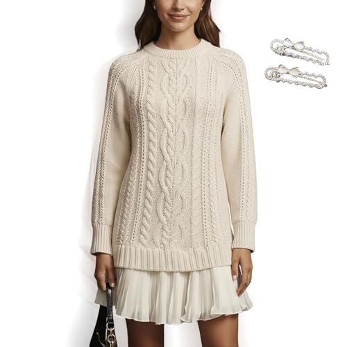 Women Crewneck Cable Knit Sweater Mini Dress, Sweater Dress with Skirt, Cable Knit Sweater Mini Dress, for Women
