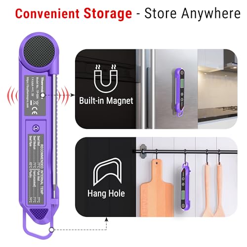 ThermoPro Food Thermometer, IPX6 Waterproof Cooking Thermometer Foldable Probe with Backlight/Calibration/Lock Fuction, Kitchen Digital Instant Read Use for Chicken, Beef, Fish, Pork, Ham, Purple - Image 6