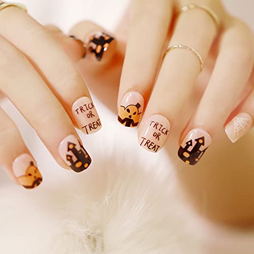 RikView Halloween Press on Nails Short Acrylic Nails Halloween Nails with Design Oval Fake Nails (Trick or Treat)
