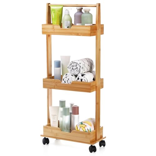 Lyellfe 3 Tire Shower Caddy Stand, Bamboo Shower Floor Organizer Corner with Sliding Wheels, Bathroom Caddy Shelf Rack for Bathtub, Office, Kitchen