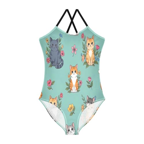 Girl Bathing Suits 3-10 Y Beach Swim Suits Kids, Cute Cats Colorful Flowers Teal