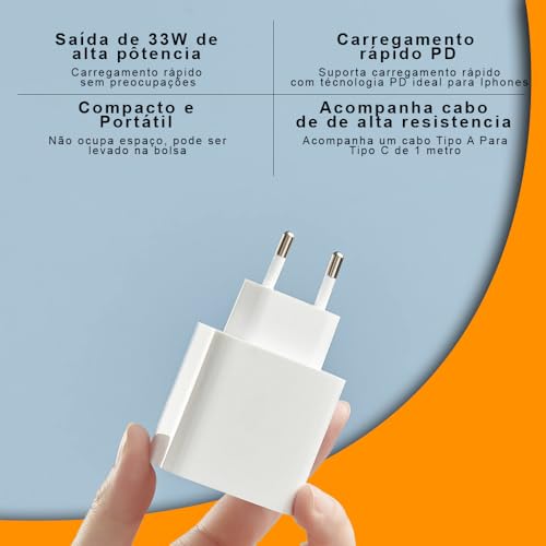 Carregador Rápido de 33W com Cabo USB-C de 1 metro, Compatível com iPhone e Xiaomi, Múltiplas Proteç