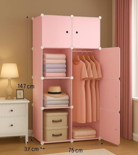Image of Sunderlook Plastic Wardrobe for Kids Clothes - Professional Collapsible Wardrobe, Easy to Use Foldable Almirah, Plastic Cupboard for Kids for Home (Pink-X3, 8 Door)