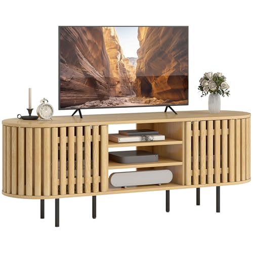 HOMCOM Meuble TV 140 cm, Meuble télé pour téléviseur jusqu'à 60 Pouces, 2 Portes à Lattes, 3 Compartiments Ouverts et Pieds en Acier, Banc TV pour Salon, Chambre,...