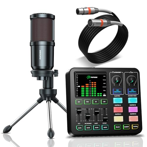 Podcast Equipment Bundle, PUPGSIS Audio Mixer with XLR Dynamic Microphone, Pro-preamp, Bluetooth 5.3, All-in-One Gaming Equipment Set for Podcast Recording, Live Streaming, Video Vocals, PC, Phone, DJ