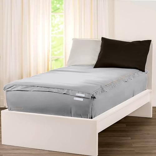 Zip On Sheets™ Twin XL Size Zipper Fitted Sheets - Includes 2 Zip-On Sheets & 1 Fitted Sheet Base - 16” Inch Deep Pockets - Extra Soft & Breathable Cotton 600 TC Fitted Sheet - Silver Grey