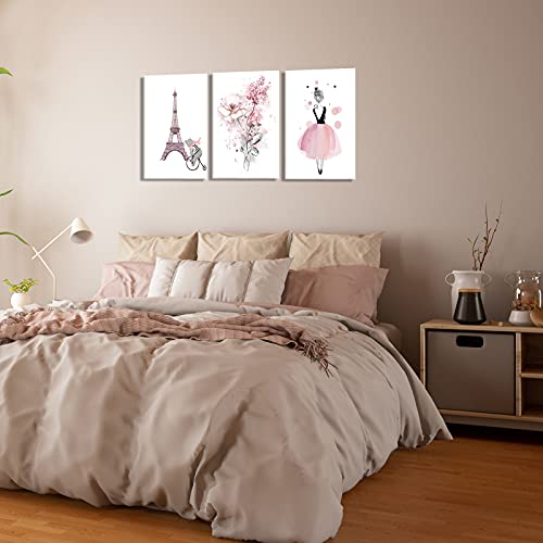 Wuxianghong Eiffel Tower Wall Decor Girls Pink Theme Room, Paris Wall Art Princess Girl Flowers Bedroom Decor,Canvas Art Framed Posters Paintings #TOP1