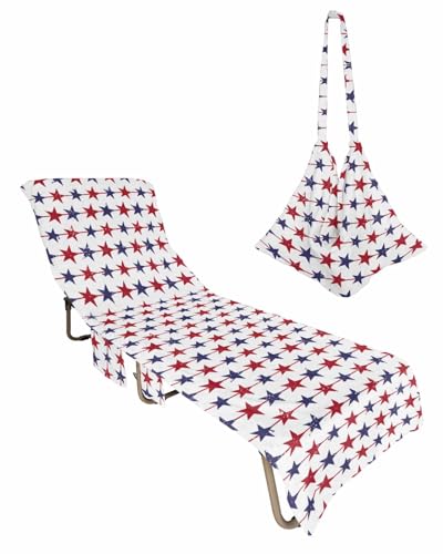 4th of July Beach Lounge Chair Towel Cover, Soft Chaise Lounge Towel with Side Pockets Patio Pool Chairs Cover for Beach/Pool Sunbathing 29x85 Vintage Blue Red Star Independence Day