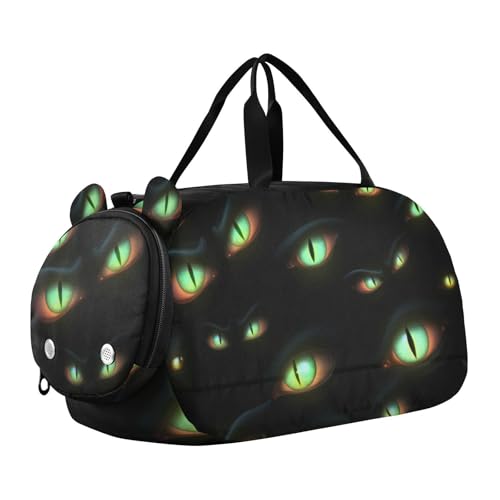 Dark Cats Glowing Eyes Duffle Bag for Girl, Sports Duffle Gym Bags with Shoe Compartment, Personalized Overnight Bag Travel Weekender for Kids