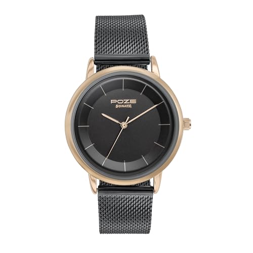 Sonata Poze Quartz Analog Black Dial Mesh Strap Watch for Women-SP80062KM01W