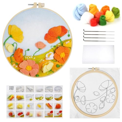 Image of PATPAT Cotton DIY Needle Felt Art Craft Kit Flower Poking Stitch Art Kit with Embroidery Punch Needles, 8.35 inches Dia Embroidery Hoop, DIY Art Gift for Kids Adults, Black