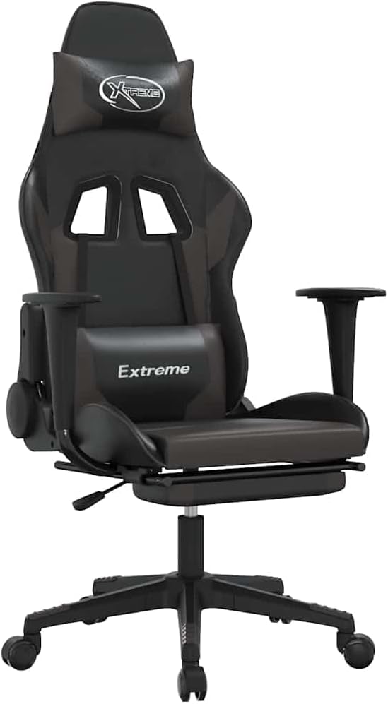 vidaXL Massage Gaming Chair for Adult, Reclining Computer Chair with Footrest and Headrest, Height Adjustable Office Chair with 360°-Swivel Castors, Black and Grey Faux Leather