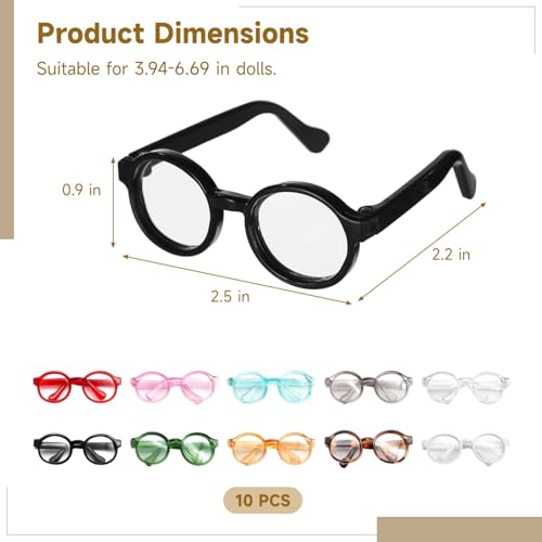 10 Pcs Doll Glasses, Mini Eyeglasses with Clear Lenses, Doll Dress Up Glasses, ABS Frame Eyewears, Colorful Fashion Accessories, Fashion Costume Supplies for 3.94-6.69" Dolls