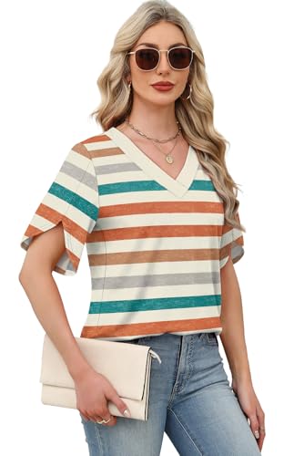 Image of WIHOLL Womens Summer Tops Short Petal Sleeve Shirts Fashion V Neck Womens Clothing