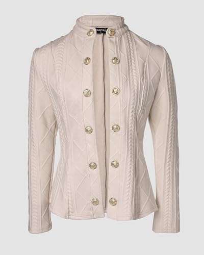 Image of CHICME Women's Argyle Cable Knit Cropped Jacket | Metal Button Front, Stand Collar Detail, Lightweight Cardigan Style, Long Sleeve Design, Fall Layering, Casual Office Wear