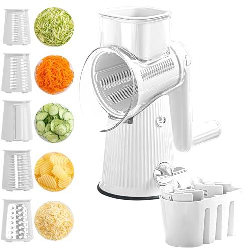 Rotary Cheese Grater for Kitchen, 5-in-1 Multifunctional Vegetable Slicer with Handle and Strong Suction Base, Round Mandoline Slicer & Food Chopper for Vegetables, Fruit, Cheese (White)