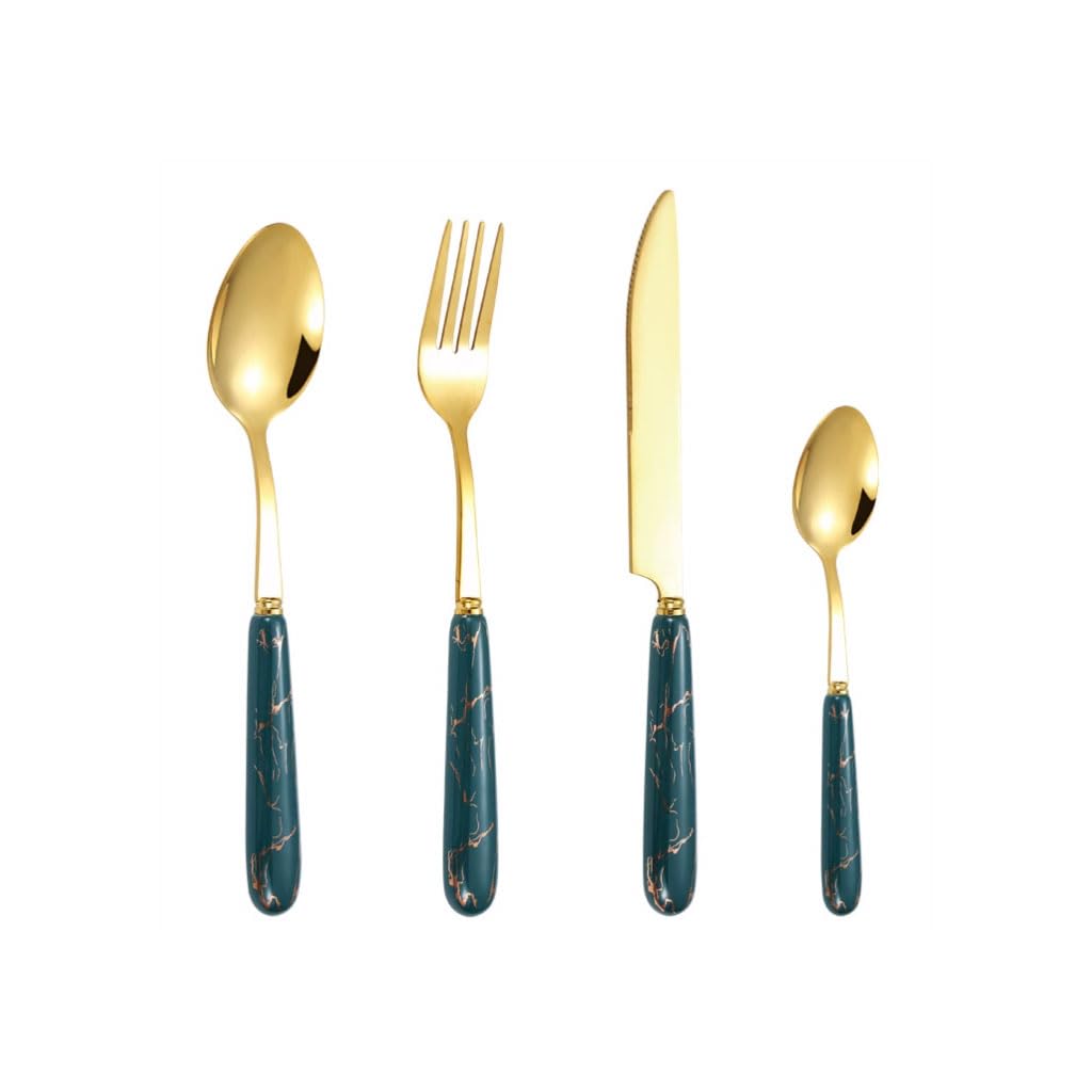 ETHORY Exquisito Cubiertos de cerámica de Acero Inoxidable, Juego de Cubiertos Dorados con Mango de mármol, Cuchillo, Tenedor, Cuchara, vajilla Reutilizable, 4 Uds. Conveniente