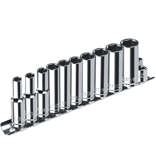 Image of 1 /4 inch Drive SAE Socket Set, 11PCS Deep Hex Socket Set (3 /16 inch-9 /16 inch), Cover Most Commonly Sizes, Chrome Vanadium Steel with 3 /8 inchF to 1 /4 inchM Socket Adapter