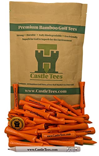 Castle Tees Orange 40 x 70mm 2 ¾ inch Orange Premium Bamboo Golf Tees with Free Ball Marker & Free Pencil. Twice the strength of regular bamboo very strong & durable & a Great Golf Gift.