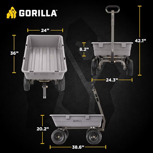 Image of Gorilla Carts Heavy-Duty Poly Dump Cart, 5 Cu Ft Tub, 800 lb Haul Capacity, Gray - Towable Utility Wagon with Quick-Release Dumping & Pneumatic Tires for Yard, Landscaping and Gardening