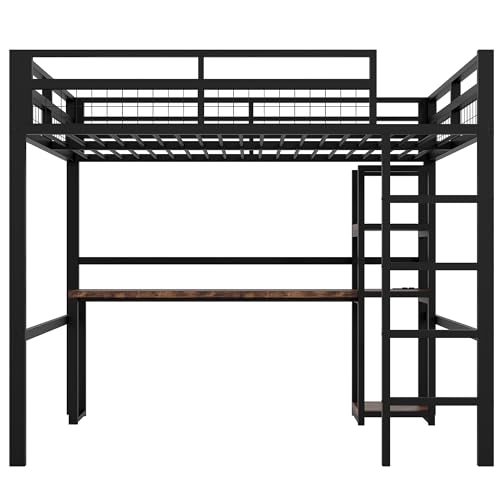 Merax Hochbett aus Metall, 140 x 200 cm, mit Schreibtisch und mehrere Einlegeböden, Steckdose, USB und Type-C - Bettgestell mit Lattenrost(ohne Matratze) für Kinder/Erwachsene, Schwarz – Bild 8