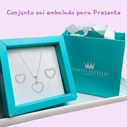 Conjunto Brinco Colar Infantil Aço inox 316 Pingente Coração Antialérgico Não escurece Não oxída Cor