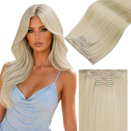 Image of LaaVoo Seamless Clip in Hair Extensions Human Hair Bleach Blonde Seamless Hair Extensions Clip ins Blonde Seamless Clip in Human Hair Extensions Invisible PU Weft 14 Inch 4PCS /75g