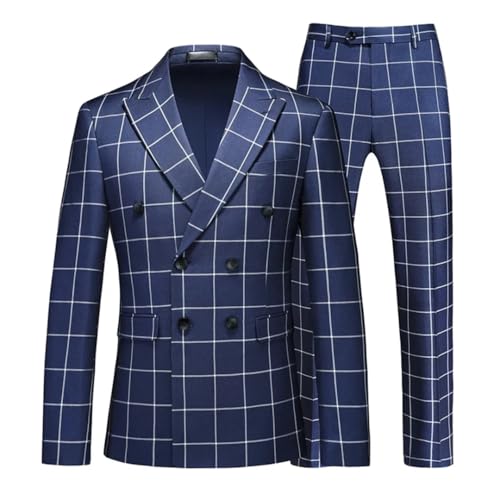 Men Grid Design Two-Piece Suit Set Striped Slim Fit Jacket