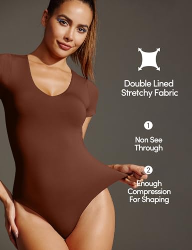 Image of IUGA Bodysuits for Women Tummy Control Body Suits for Womens Compression Slimming Thong Bodysuit V Neck