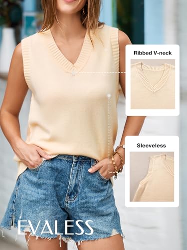 Image of EVALESS Sweater Vest Women V Neck Knit Sleeveless Tunic Tank Tops Casual Pullover Sweater Spring Trendy 2026 Outfits