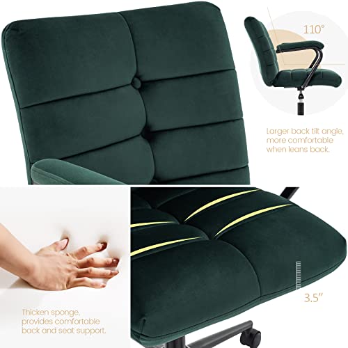 Mfd Living Velvet Home Office Desk Chair, Upholstered Adjustable Swivel Task Chair With Wheels, Tufted Mid-Back Computer Chair With Arms, For Study Living Room Vanity (Dark Green, Black Base) #TOP1