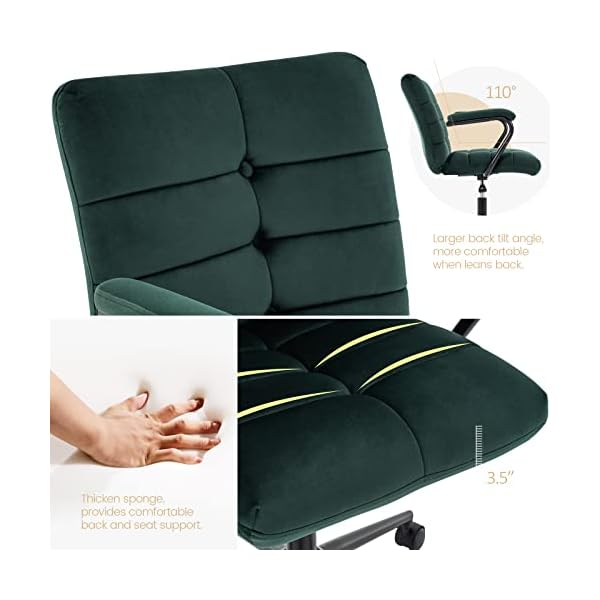 Velvet home office desk chair upholstered adjustable swivel task chair with wheels tufted mid back computer chair with arms for study living room vanity dark green black base  urban country home decor
