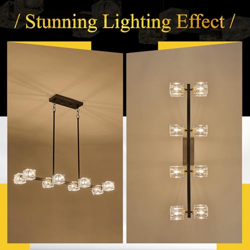 Image of Black Gold Crystal Chandelier Modern 8-Light Sputnik Ceiling Pendant Lights L 31.5 inch Industrial Adjustable Hanging Light Fixture for Dining Room Kitchen Island Living Room Bar Over Table