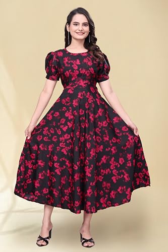 Image of Women's A-Line Crepe Maxi Dress | Stylish Fit and Flare Dress with Round Neck Short Puff Sleeves for Casual Wear