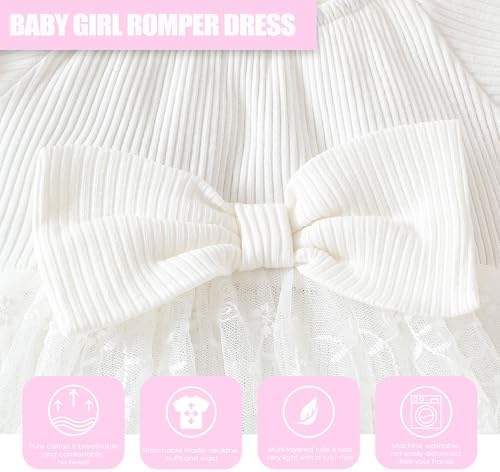 TENTIDE Baby Girl Romper Dress Ribbed Newborn Lace Boho Tutu Dresses Headband Baptism Photography Wedding Summer Outfit 0-24M(6-12 Months,White) — view 3